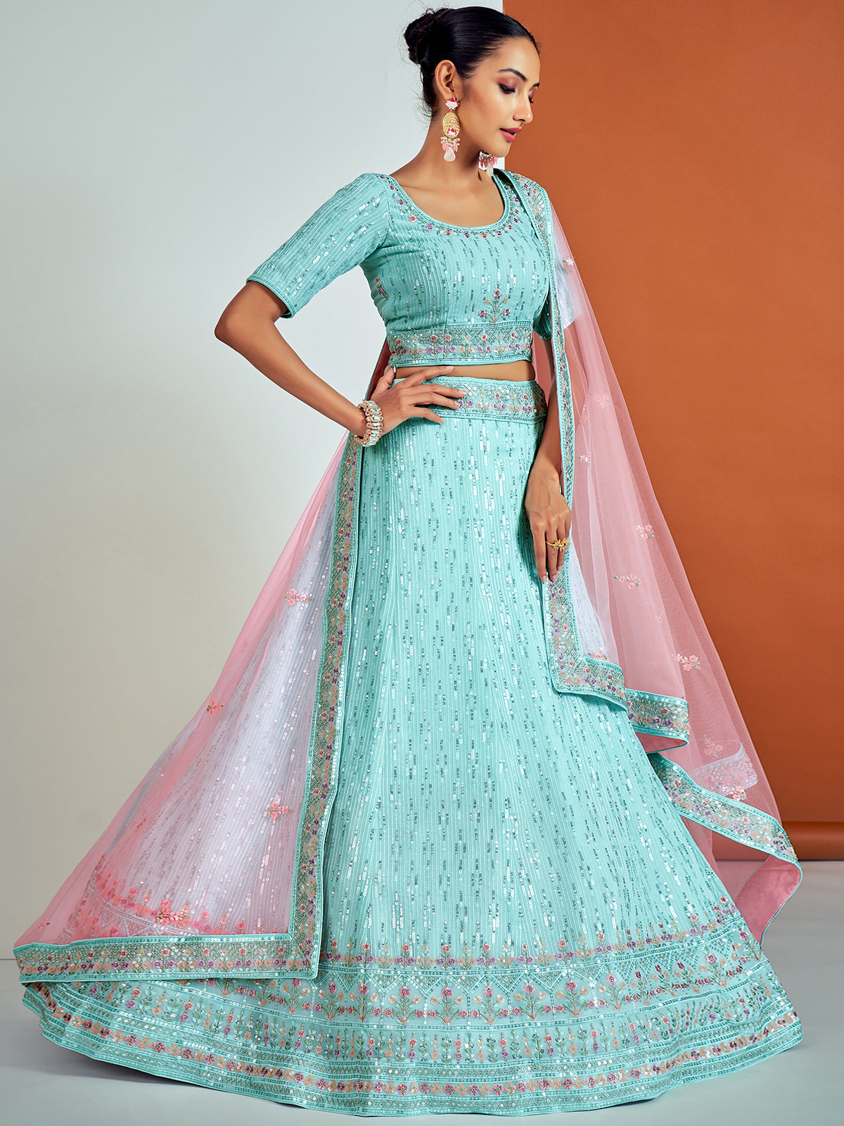 Odette Women Classic Blue Georgette Semi Stitched Lehenga With Unstitched Blouse