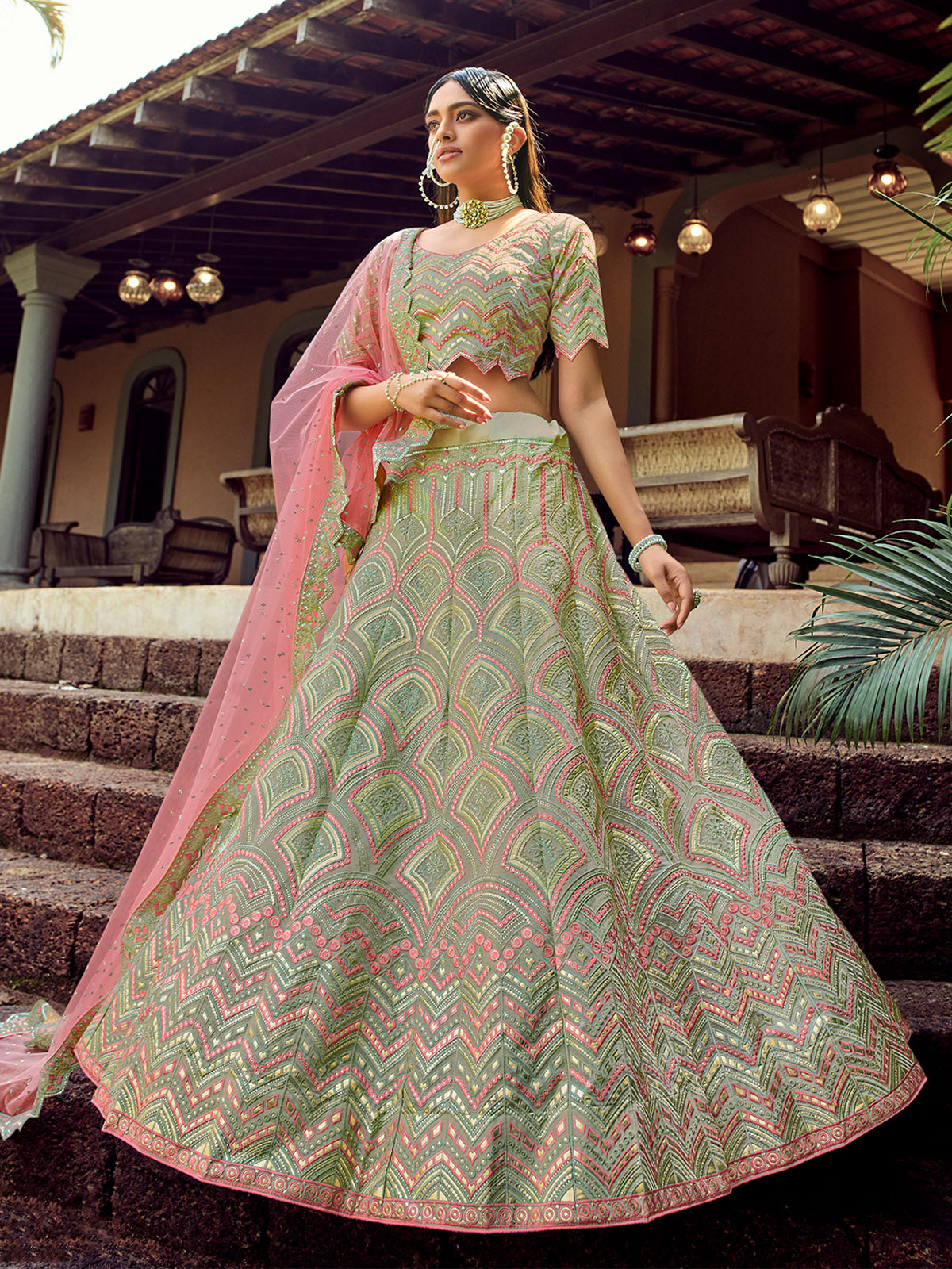 Odette Women Green Embroidered Organza Semi Stitched Lehenga With Unstitched Blouse
