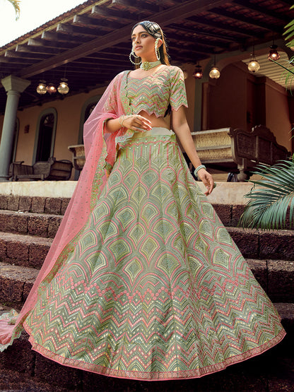 Odette Women Green Embroidered Organza Semi Stitched Lehenga With Unstitched Blouse