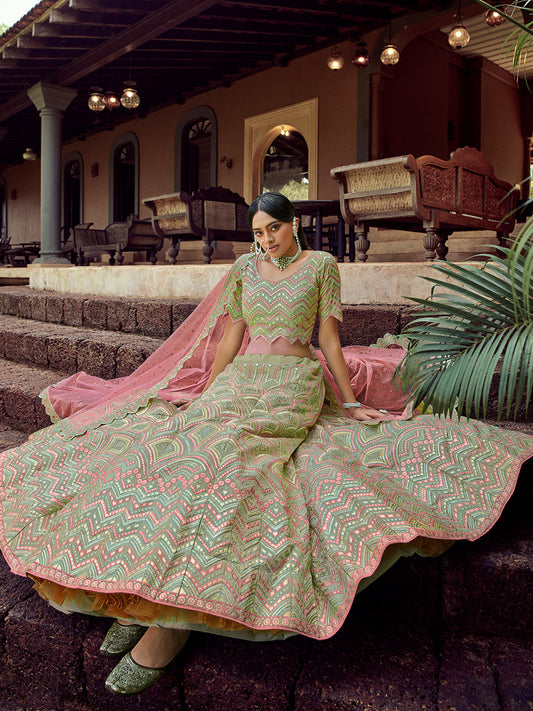 Odette Women Green Embroidered Organza Semi Stitched Lehenga With Unstitched Blouse