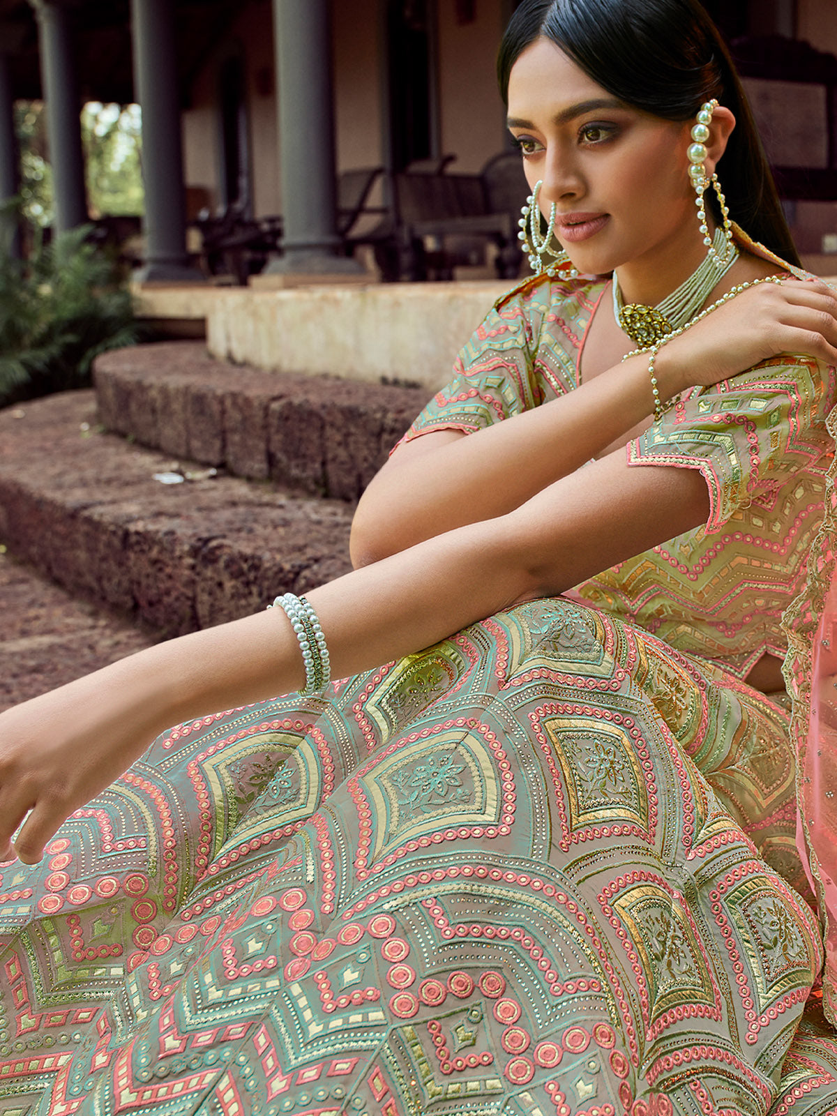 Odette Women Green Embroidered Organza Semi Stitched Lehenga With Unstitched Blouse