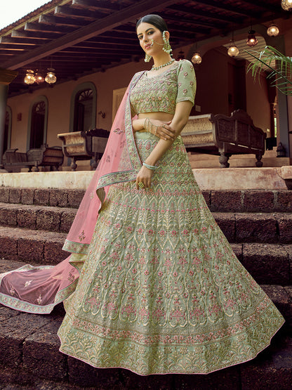 Odette Women Green Embroidered Georgette Semi Stitched Lehenga With Unstitched Blouse