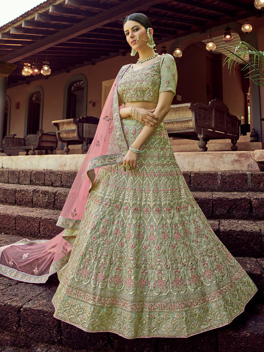 Odette Women Green Embroidered Georgette Semi Stitched Lehenga With Unstitched Blouse