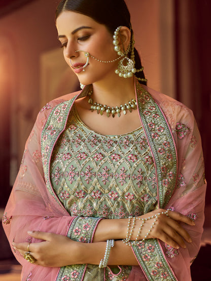 Odette Women Green Embroidered Georgette Semi Stitched Lehenga With Unstitched Blouse