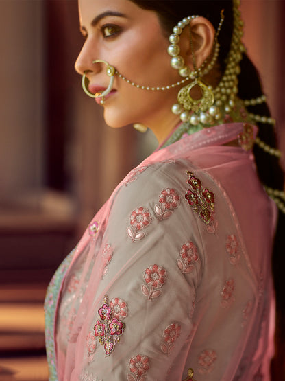 Odette Women Green Embroidered Georgette Semi Stitched Lehenga With Unstitched Blouse