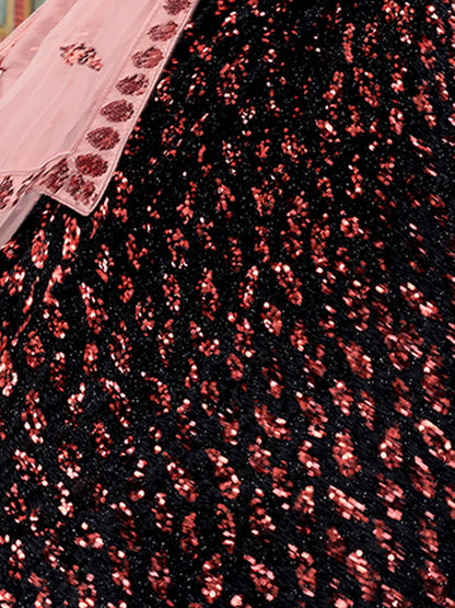 Odette Women Black Fur Imported Fabric Designer Semi Stitched Lehenga With Unstitched Blouse