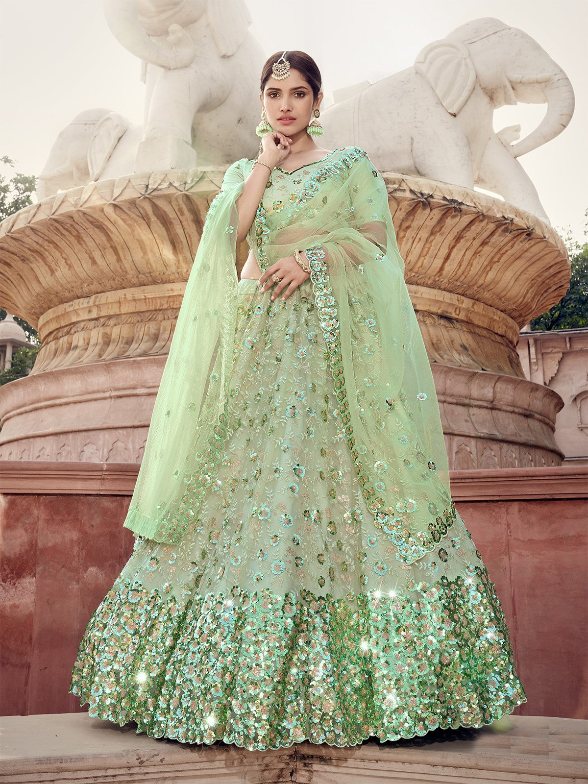 Odette Women Green Sequins Sassy Semi Stitched Lehenga With Unstitched Blouse