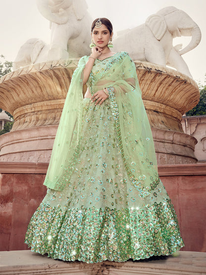 Odette Women Green Sequins Sassy Semi Stitched Lehenga With Unstitched Blouse