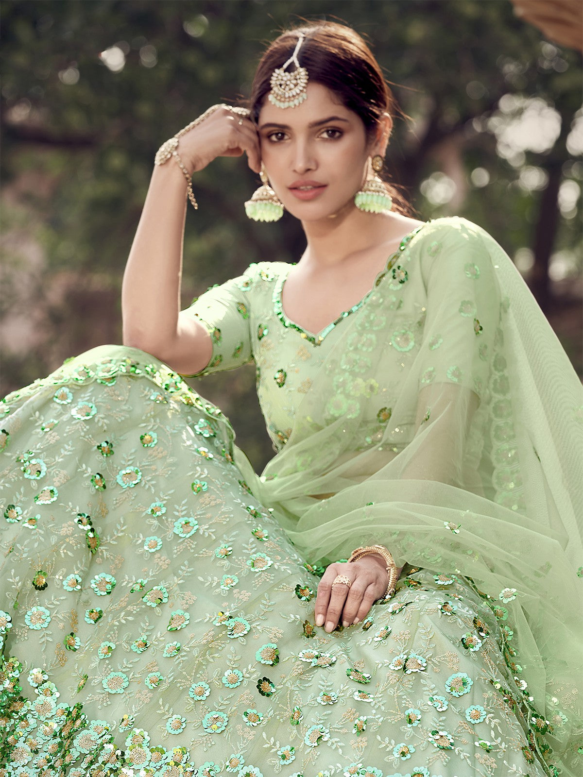 Odette Women Green Sequins Sassy Semi Stitched Lehenga With Unstitched Blouse