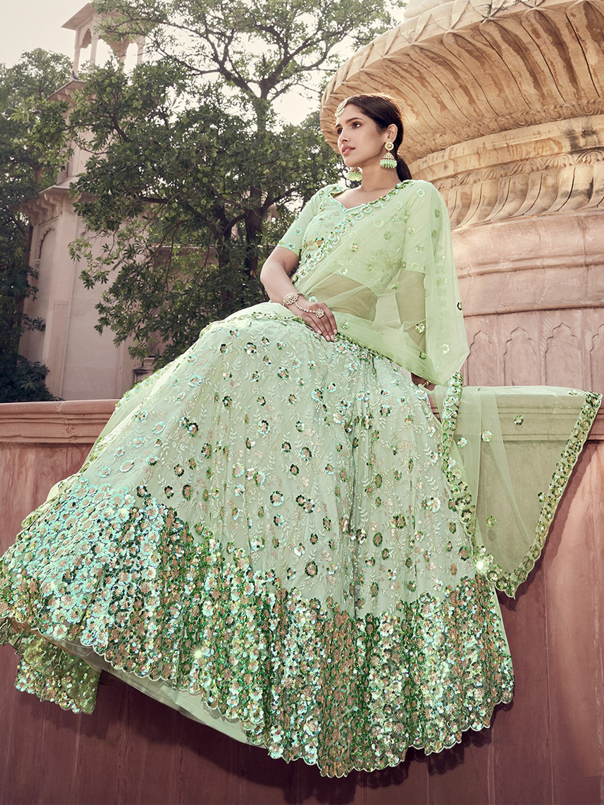 Odette Women Green Sequins Sassy Semi Stitched Lehenga With Unstitched Blouse