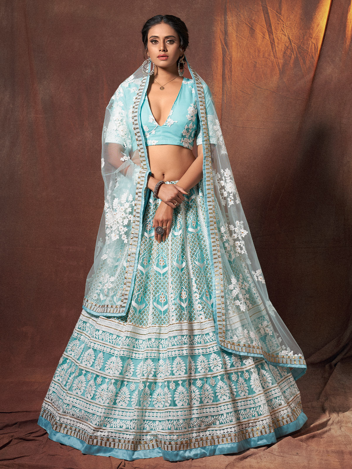 Odette Women Blue Resham, Sequins Semi Stitched Lehenga With Unstitched Blouse