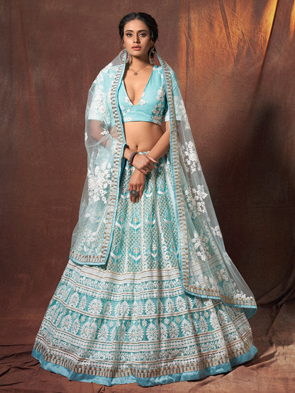 Odette Women Blue Resham, Sequins Semi Stitched Lehenga With Unstitched Blouse
