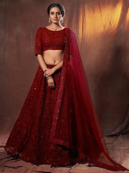 Odette Women Maroon Sequins, Thread Semi Stitched Lehenga With Unstitched Blouse