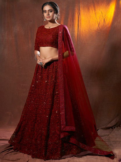 Odette Women Maroon Sequins, Thread Semi Stitched Lehenga With Unstitched Blouse