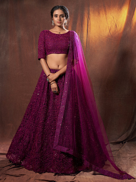 Odette Women Purple Sequins, Thread Semi Stitched Lehenga With Unstitched Blouse