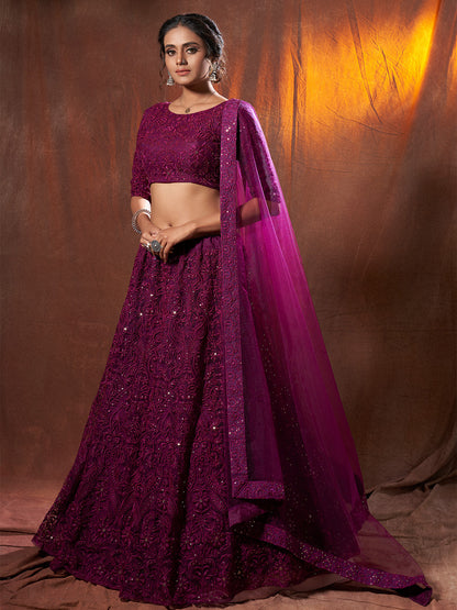 Odette Women Purple Sequins, Thread Semi Stitched Lehenga With Unstitched Blouse