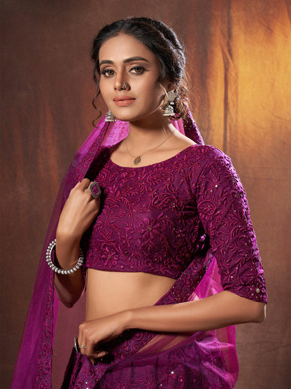 Odette Women Purple Sequins, Thread Semi Stitched Lehenga With Unstitched Blouse