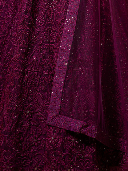 Odette Women Purple Sequins, Thread Semi Stitched Lehenga With Unstitched Blouse