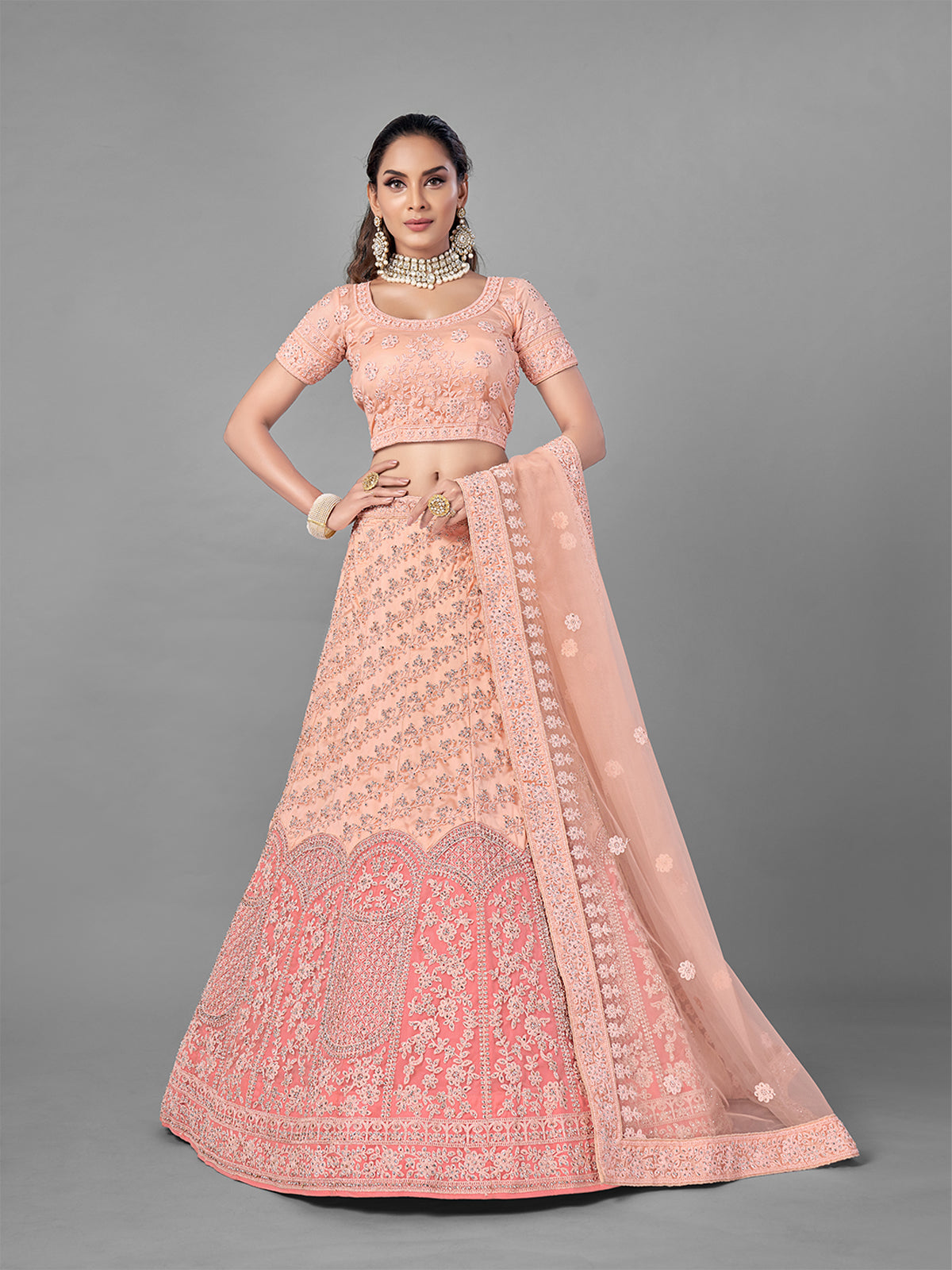 Odette Women Peach Soft Net Semi Stitched Lehenga With Unstitched Blouse