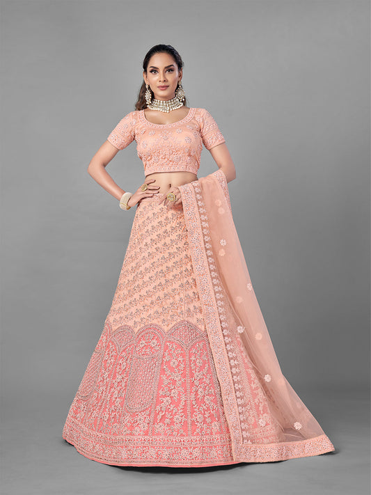 Odette Women Peach Soft Net Semi Stitched Lehenga With Unstitched Blouse