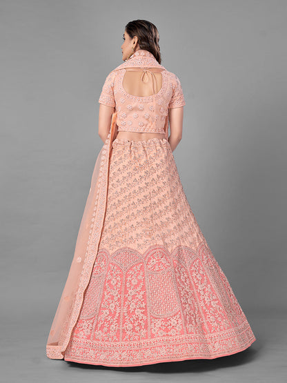 Odette Women Peach Soft Net Semi Stitched Lehenga With Unstitched Blouse