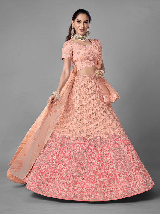 Odette Women Peach Soft Net Semi Stitched Lehenga With Unstitched Blouse