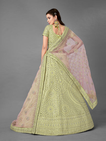Odette Women Green Embroidered Art Silk Semi Stitched Lehenga With Unstitched Blouse
