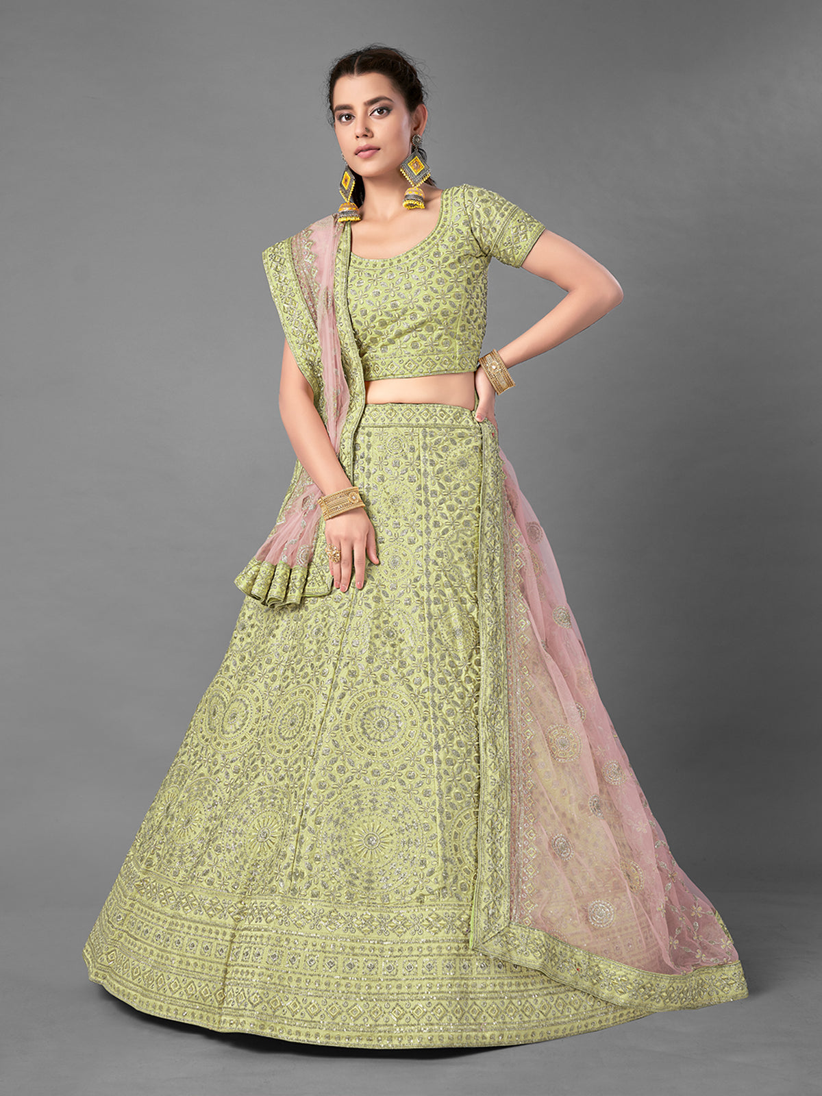 Odette Women Green Embroidered Art Silk Semi Stitched Lehenga With Unstitched Blouse