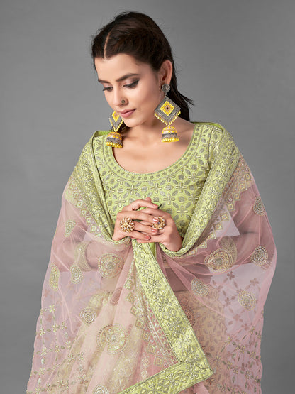 Odette Women Green Embroidered Art Silk Semi Stitched Lehenga With Unstitched Blouse