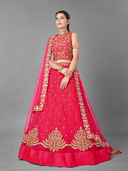 Odette Women Red Thread Embroidered Soft Net Semi Stitched Lehenga With Unstitched Blouse