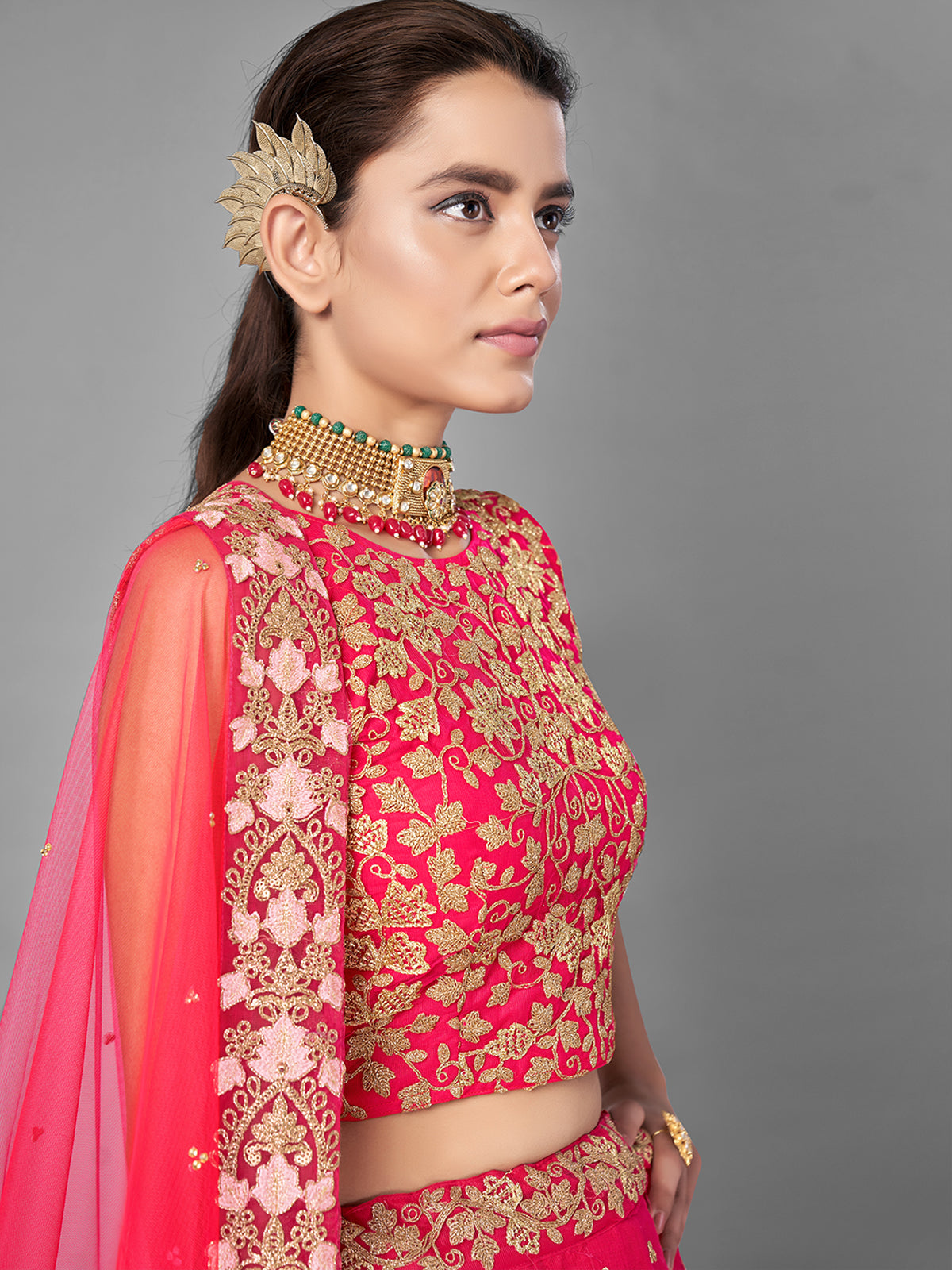 Odette Women Red Thread Embroidered Soft Net Semi Stitched Lehenga With Unstitched Blouse