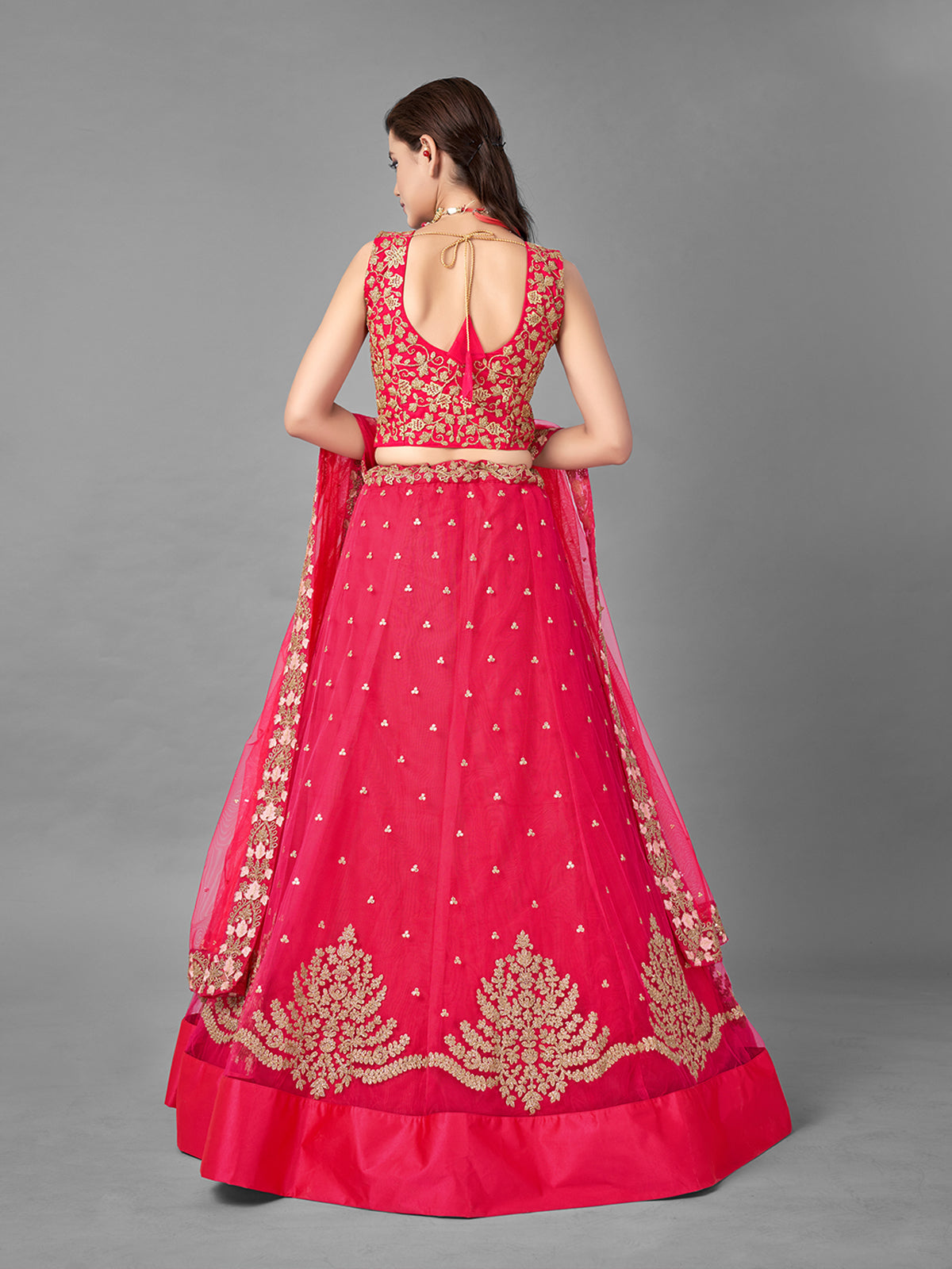 Odette Women Red Thread Embroidered Soft Net Semi Stitched Lehenga With Unstitched Blouse