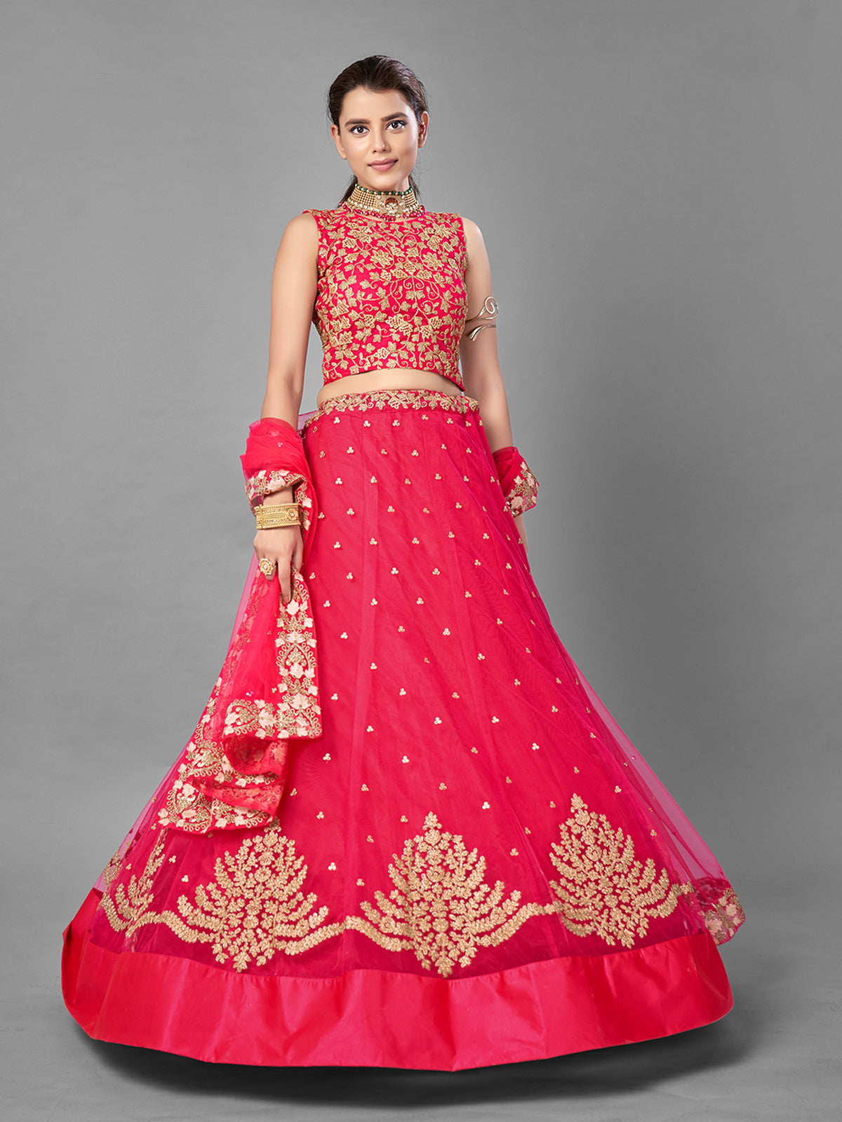 Odette Women Red Thread Embroidered Soft Net Semi Stitched Lehenga With Unstitched Blouse