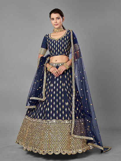 Odette Women Dark Blue Art Silk Semi Stitched Lehenga With Unstitched Blouse
