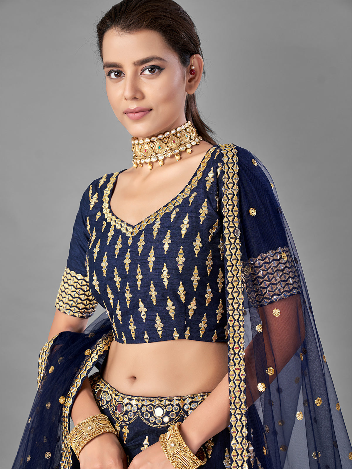 Odette Women Dark Blue Art Silk Semi Stitched Lehenga With Unstitched Blouse