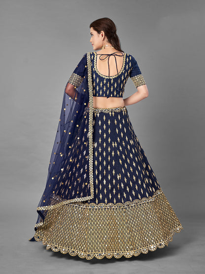 Odette Women Dark Blue Art Silk Semi Stitched Lehenga With Unstitched Blouse