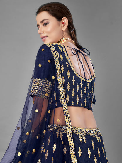 Odette Women Dark Blue Art Silk Semi Stitched Lehenga With Unstitched Blouse