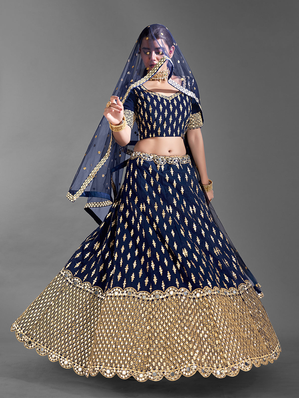 Odette Women Dark Blue Art Silk Semi Stitched Lehenga With Unstitched Blouse