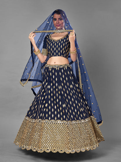 Odette Women Dark Blue Art Silk Semi Stitched Lehenga With Unstitched Blouse