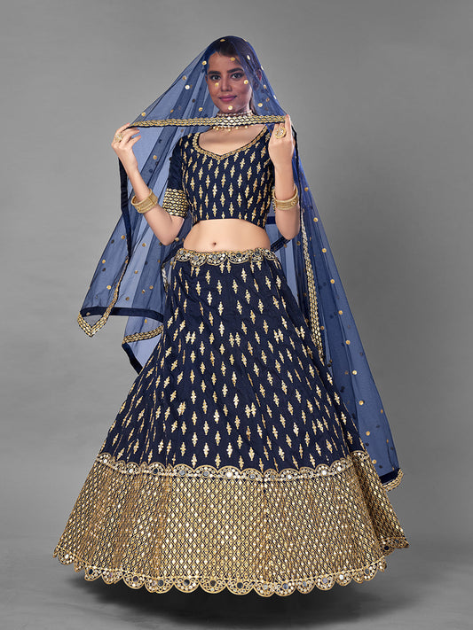 Odette Women Dark Blue Art Silk Semi Stitched Lehenga With Unstitched Blouse