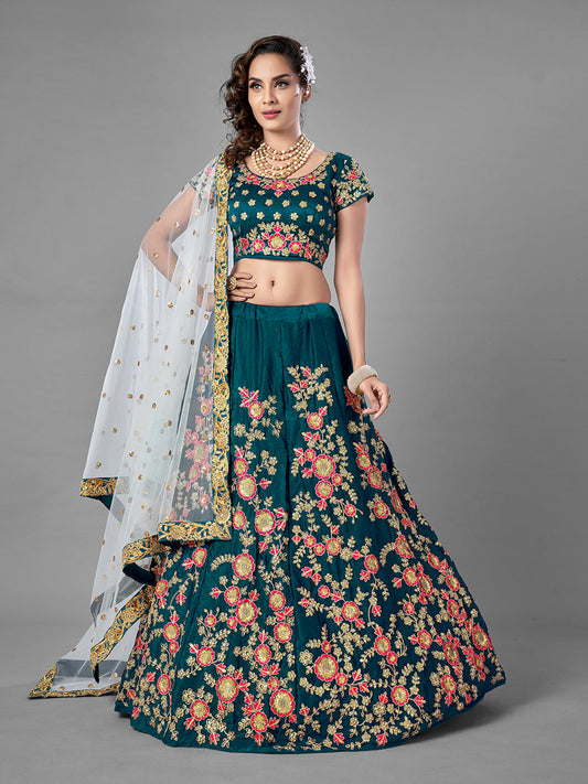 Odette Women Teal Satin Velvet Semi Stitched Lehenga With Unstitched Blouse