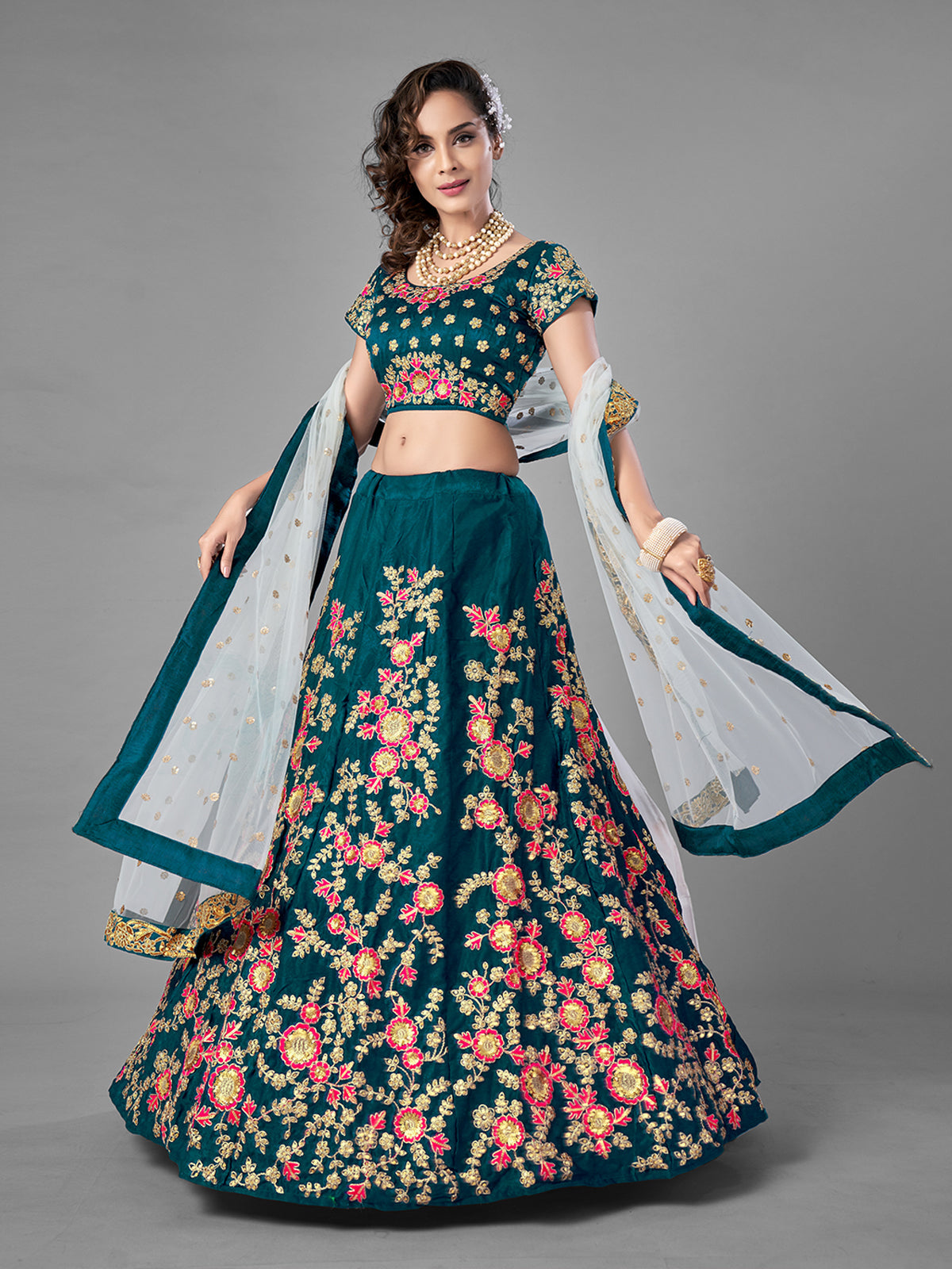 Odette Women Teal Satin Velvet Semi Stitched Lehenga With Unstitched Blouse