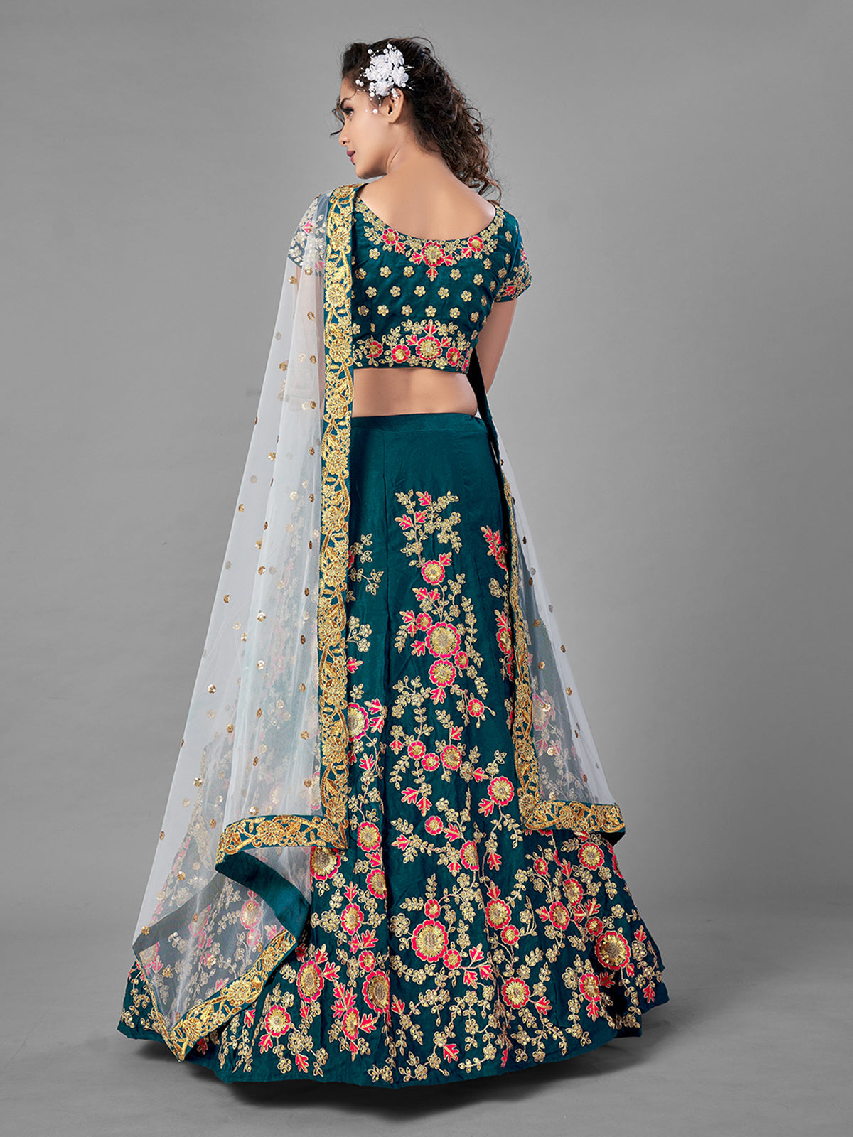 Odette Women Teal Satin Velvet Semi Stitched Lehenga With Unstitched Blouse