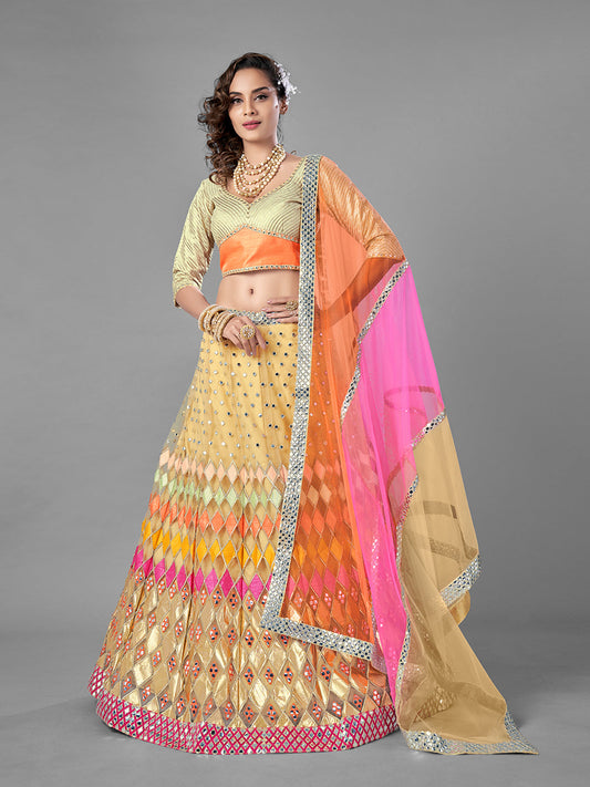 Odette Women Beige Embroidered Soft Net Semi Stitched Lehenga With Unstitched Blouse