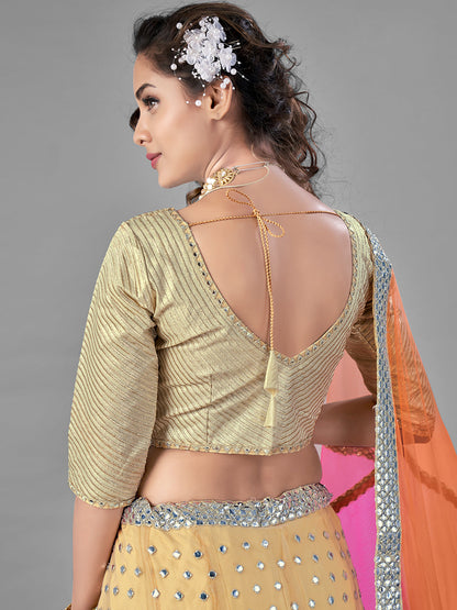 Odette Women Beige Embroidered Soft Net Semi Stitched Lehenga With Unstitched Blouse