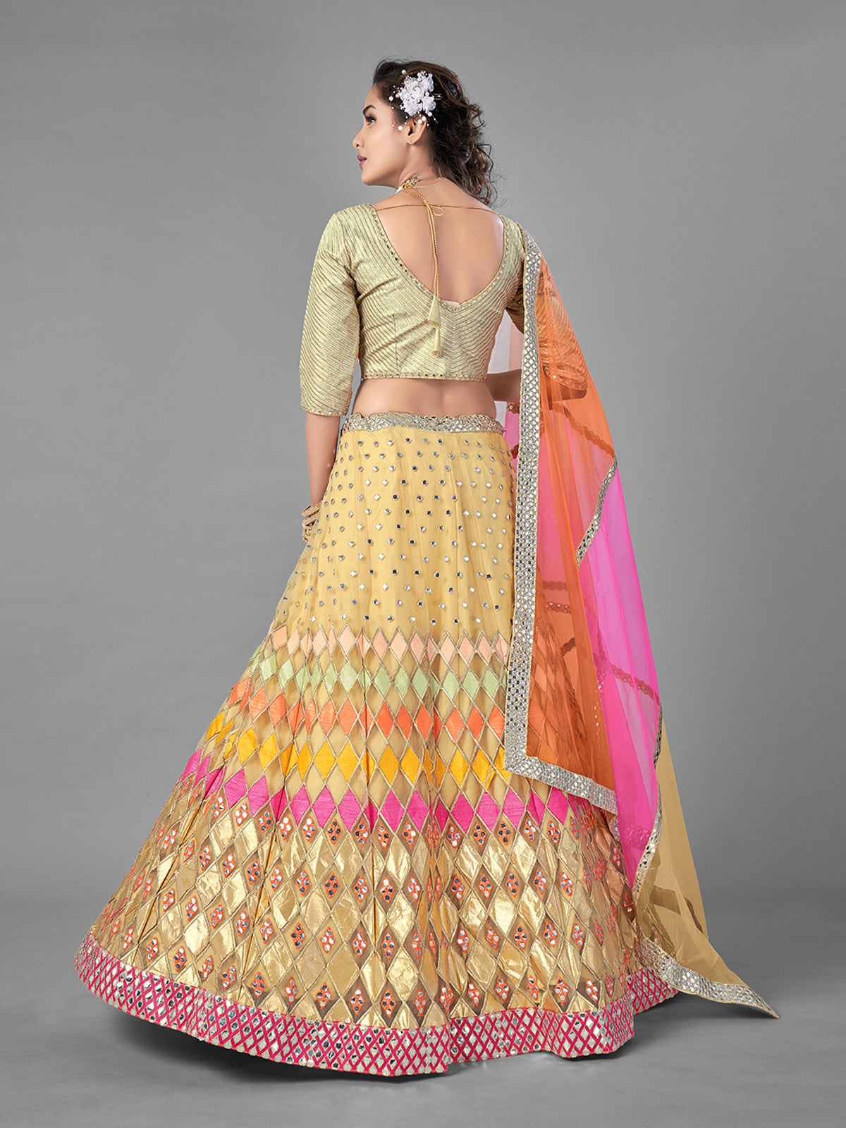 Odette Women Beige Embroidered Soft Net Semi Stitched Lehenga With Unstitched Blouse