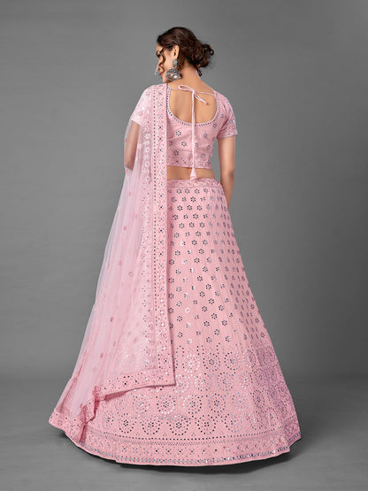 Odette Women Pink Georgette Semi Stitched Lehenga With Unstitched Blouse
