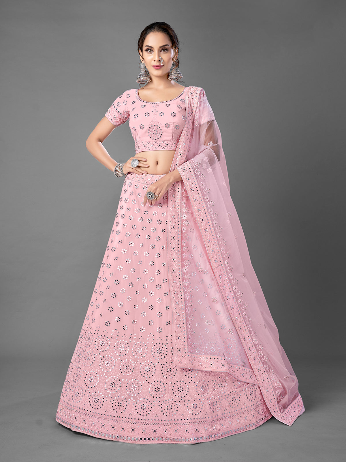 Odette Women Pink Georgette Semi Stitched Lehenga With Unstitched Blouse