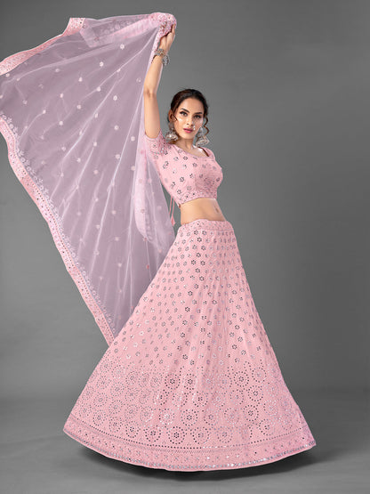 Odette Women Pink Georgette Semi Stitched Lehenga With Unstitched Blouse