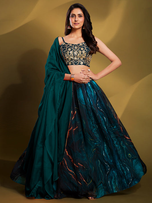 Odette Women Teal Organza Printed Semi Stitched Lehenga Choli